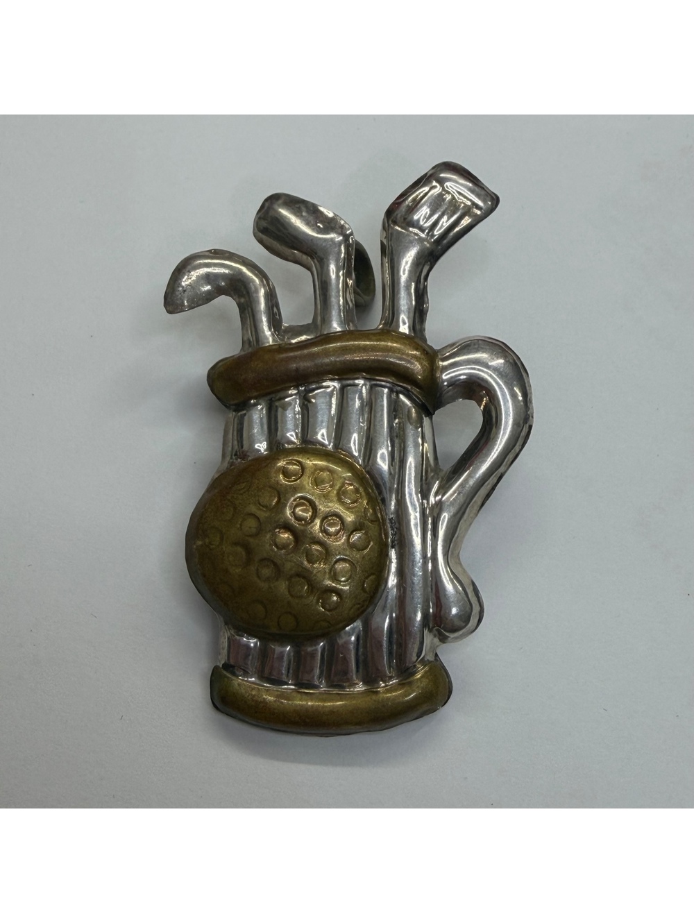 Golf bag & clubs sterling silver and brass brooch/pendant handcrafted vintage